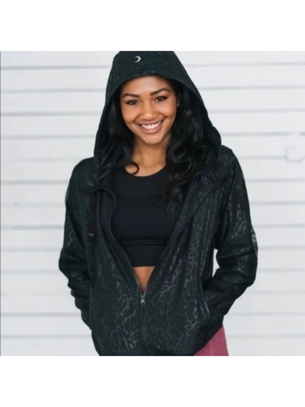 Zyia Activewear Black Animal Print Bomber Jacket Full Zip Hooded Size XS